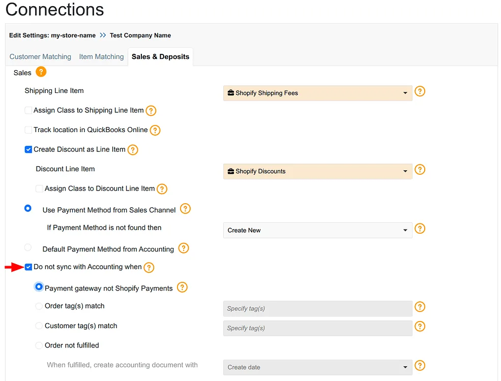 WeIntegrate conditional sync rules — configure which Shopify orders sync to QuickBooks Online