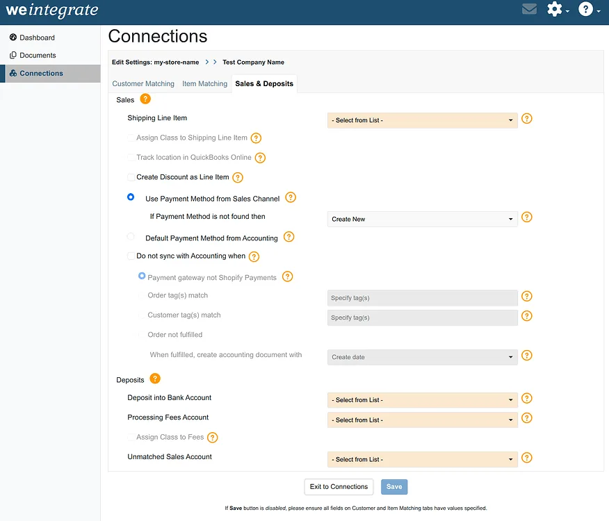 WeIntegrate Sales & Deposits settings panel — configure how Shopify orders sync to QuickBooks Online