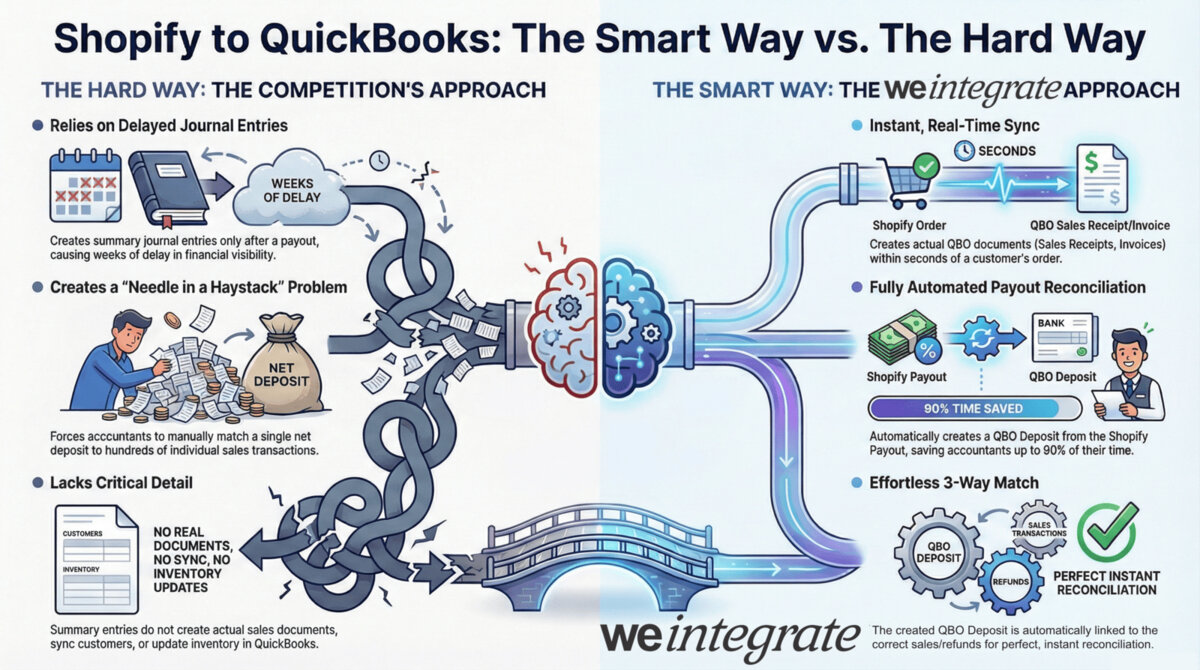 Shopify to QuickBooks integration comparison: The Hard Way (competitors) relies on delayed journal entries and a single net deposit, creating a needle-in-a-haystack reconciliation problem with no real documents. The Smart Way (WeIntegrate) delivers instant real-time sync creating individual QBO Sales Receipts and Invoices per order, fully automated payout reconciliation with a QBO Deposit matched to the Shopify payout, and an effortless 3-way match between the deposit, receipts, and refunds.