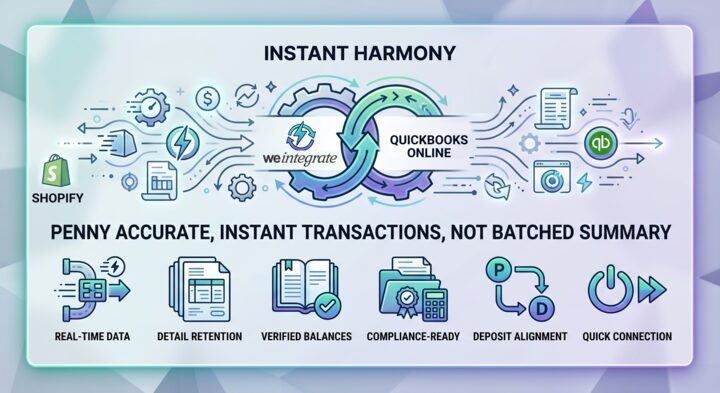 How WeIntegrate connects Shopify to QuickBooks Online in three steps — instant sync with real transaction documents